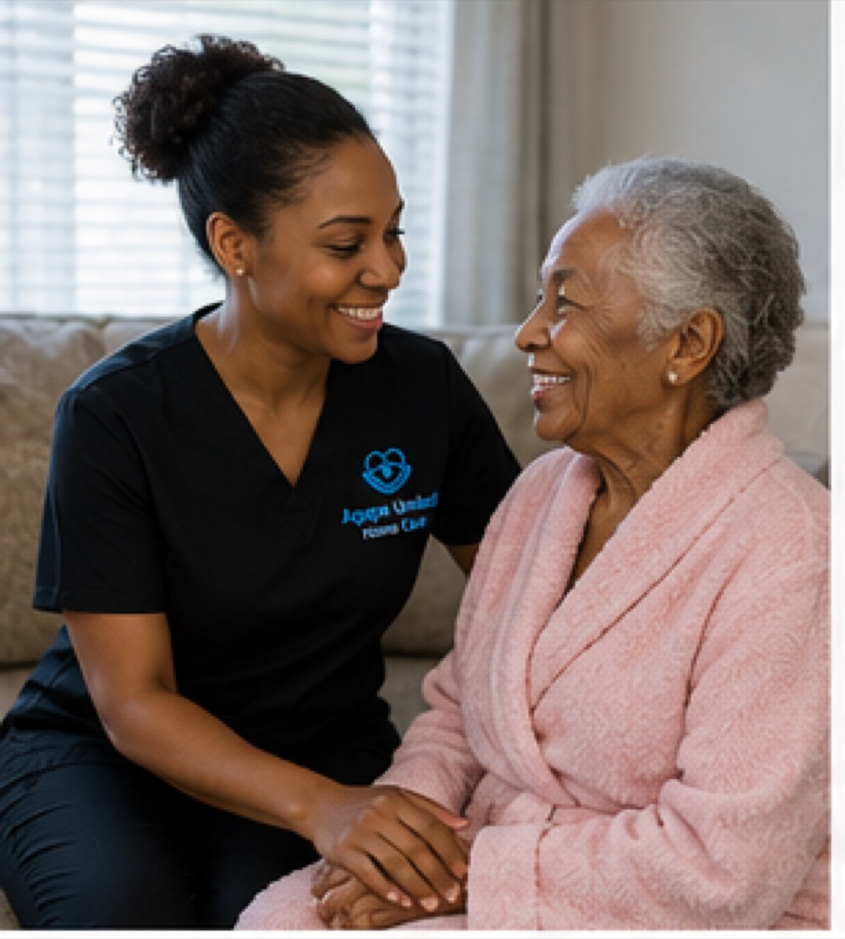 Agape caregiver comforting a senior client at home
