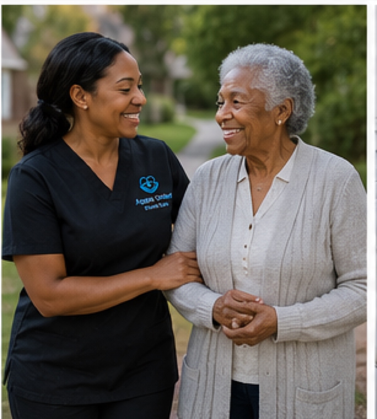 Agape caregiver walking outside with a senior client