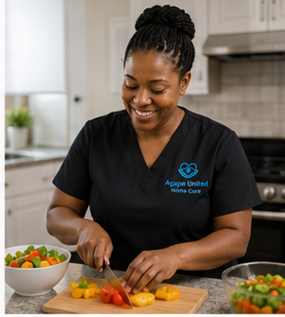Agape caregiver preparing a nutritious meal in the kitchen