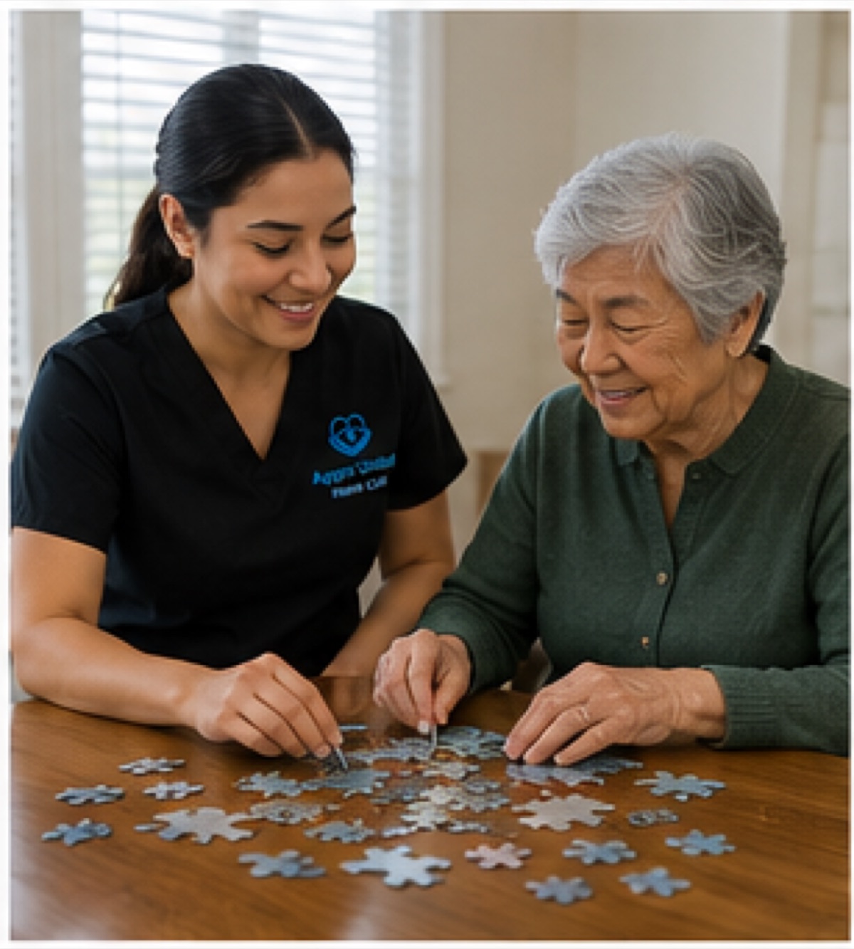 Agape caregiver doing a puzzle with a senior client